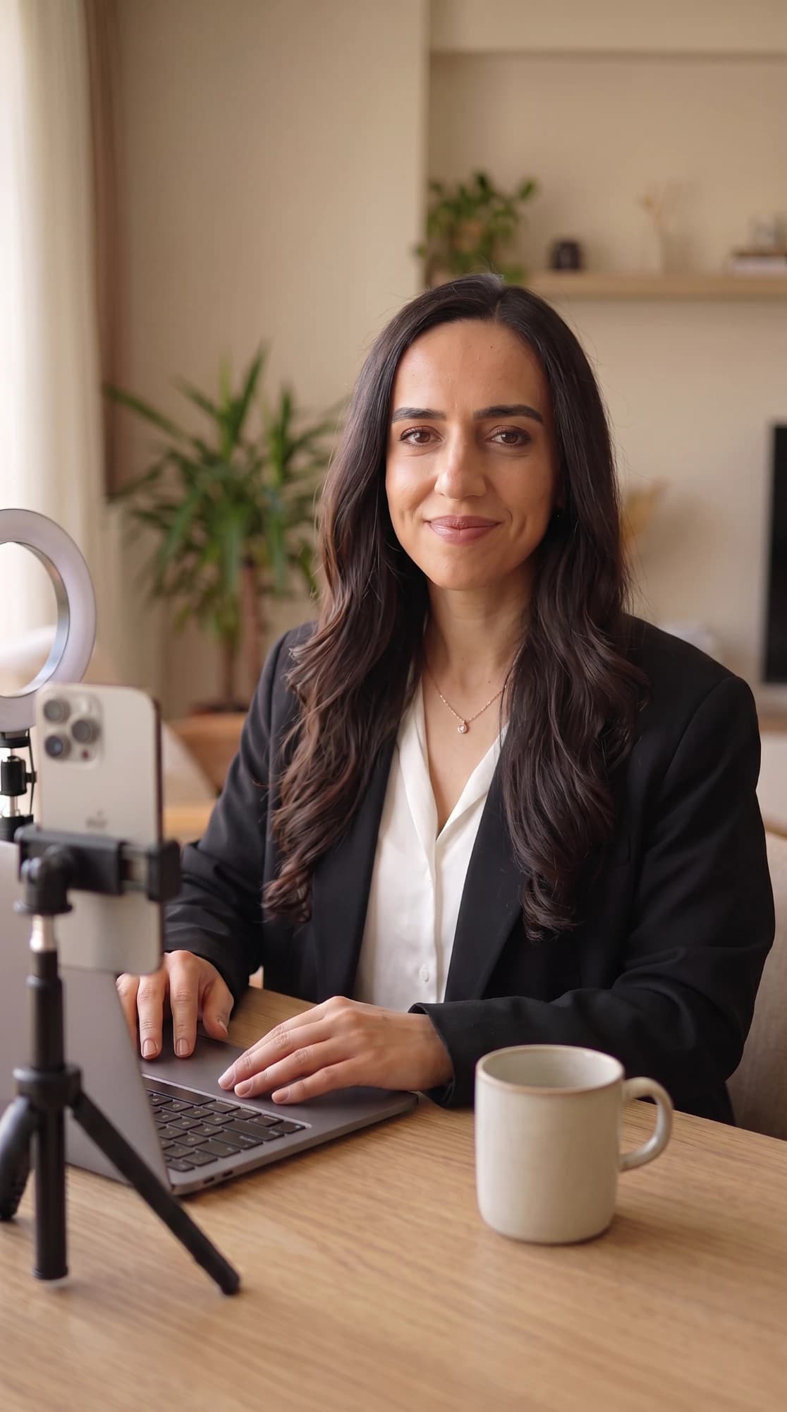 Seda Akyurek in a black blazer at her desk, smiling at the camera next to a phone on a tripod and a ring light